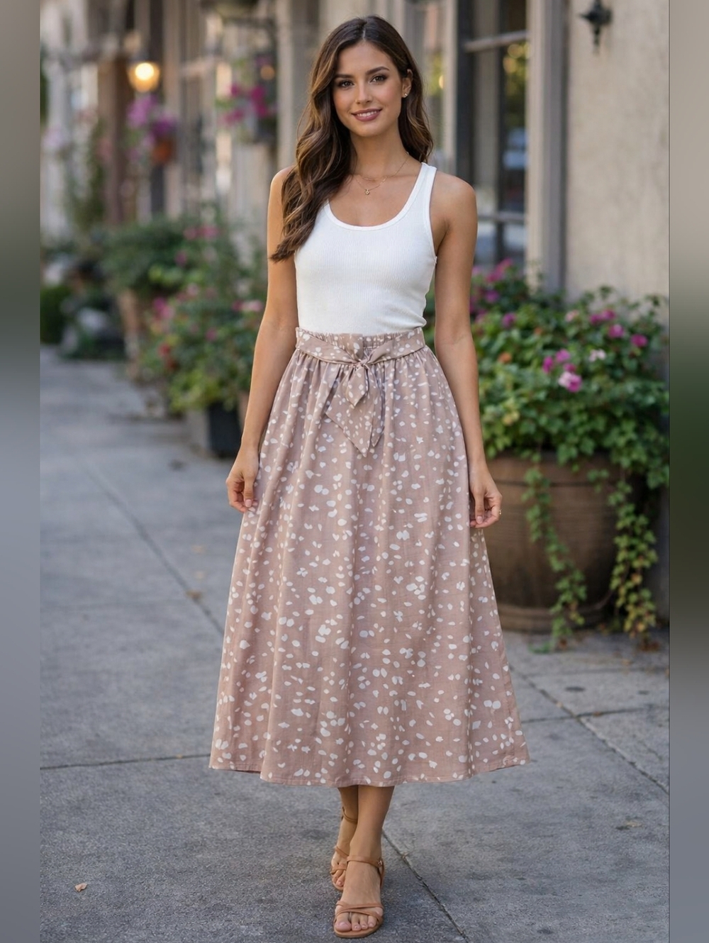 Shein long Skirt With White Polka Dots Bow  Tan Maxi Modest Lightweight Flowy